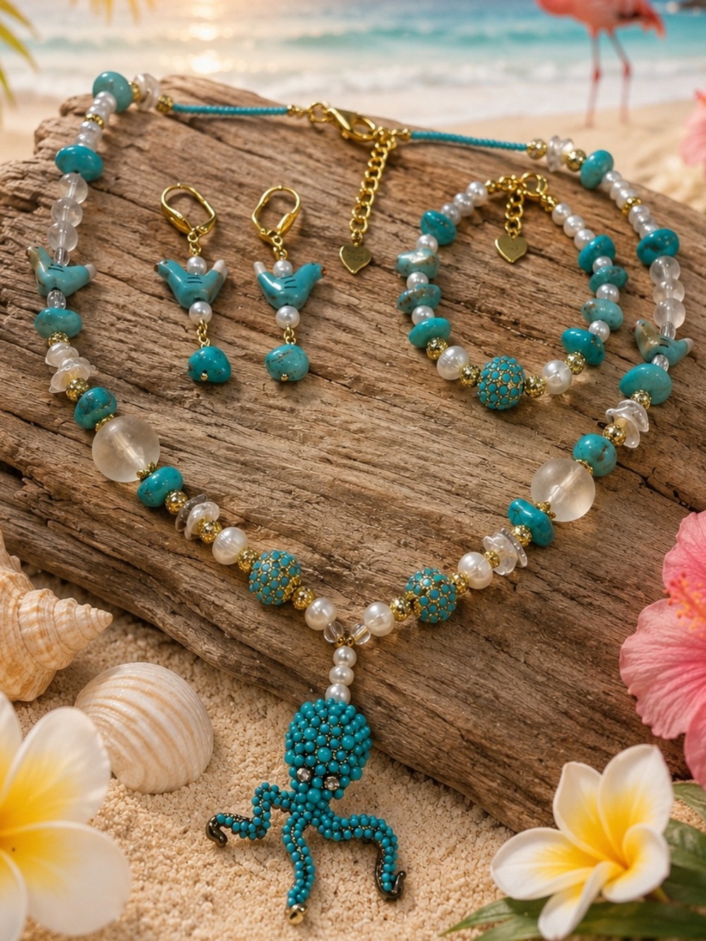 Turquoise OCTOPUS & BIRDS Freshwater & Cornflake Pearls, Rainbow Moonstones